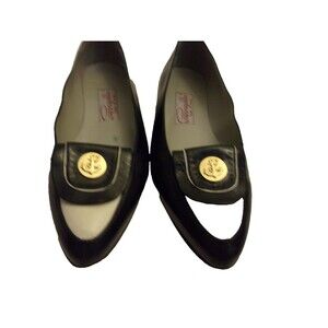 Pappagallo Nautical Flat Shoes Sz. 7.5 N Gold Anchor Button Black White Leather